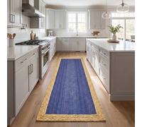 Handcrafted Jute Runner Rug 4x14 ft - Rustic Natural Braided Area Rug Thick 0.27'' Solid Blue & Beige Border Rugs for Hallway, Farmhouse Design, Indoor, High Traffic Area Carpet