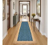Handcrafted Jute Runner Rug 4x16 ft - Rustic Natural Braided Area Rug Thick 0.27'' Solid Sky-Blue & Beige Border Rugs for Hallway, Farmhouse Design, Indoor, High Traffic Area Carpet