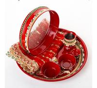 Handcrafted Karwa Chauth Thali With Kalash Decorated Steel Plate Platter with Essential Pooja Articles for Rituals Festival and Gifting (Red-Lady Design)