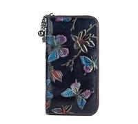 Handcrafted Leather Butterfly Wallet,Cowhide,Embossed Floral Design, Zip Around with Chain Charm, 3 Colours (Black)