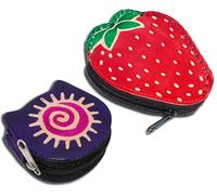 Handcrafted Leather Coin Pouch Mini Purse Wallet Bag with Zipper Multipurpose Christmas Gift for Women Girls, Strawberry & Purple Sun, Purse / Mini Bag