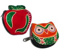Handcrafted Leather Coin Pouch Mini Purse Wallet Bag with Zipper Multipurpose Christmas Gift for Women Girls, Red Apple & Orange Owl, Purse / Mini Bag