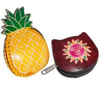Handcrafted Leather Coin Pouch Mini Purse Wallet Bag with Zipper Multipurpose Christmas Gift for Women Girls, Pineapple & Maroon Sun face, Purse / Mini Bag