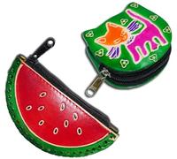 Handcrafted Leather Coin Pouch Mini Purse Wallet Bag with Zipper Multipurpose Christmas Gift for Women Girls, Watermelon & Green Cat, Purse / Mini Bag