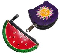 Handcrafted Leather Coin Pouch Mini Purse Wallet Bag with Zipper Multipurpose Christmas Gift for Women Girls, Watermelon & Purple Sun Face, Purse / Mini Bag