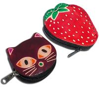 Handcrafted Leather Coin Pouch Mini Purse Wallet Bag with Zipper Multipurpose Christmas Gift for Women Girls, Strawberry & Maroon Cat Face, Purse / Mini Bag