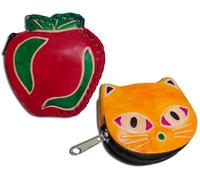 Handcrafted Leather Coin Pouch Mini Purse Wallet Bag with Zipper Multipurpose Christmas Gift for Women Girls, Red Apple & yellow Cat Face, Purse / Mini Bag