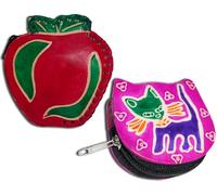 Handcrafted Leather Coin Pouch Mini Purse Wallet Bag with Zipper Multipurpose Christmas Gift for Women Girls, Red Apple & Magenta Cat, Purse / Mini Bag