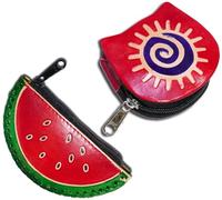 Handcrafted Leather Coin Pouch Mini Purse Wallet Bag with Zipper Multipurpose Christmas Gift for Women Girls, Watermelon & Red Sun, Purse / Mini Bag