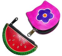 Handcrafted Leather Coin Pouch Mini Purse Wallet Bag with Zipper Multipurpose Christmas Gift for Women Girls, Watermelon & Magenta Flower, Purse / Mini Bag