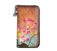 Handcrafted Leather Wallet with Lotus Flower Design, Zip Around Closure, Chain Strap, Available in Brown, Coffee, Black (Brown)
