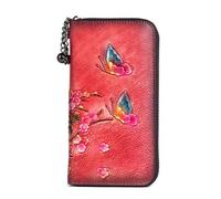 Handcrafted Leather Women Wallet with Floral Design, Cowhide,Zip Closure, Available in Brown, Red, Black (Red)