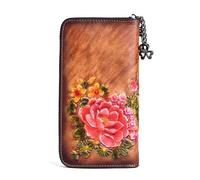 Handcrafted Leather Women Wallet with Floral Design, Cowhide,Zip Closure, Available in Brown, Red, Black (Brown)