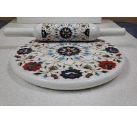 Handcrafted Marble Chakla & Belan Set | Design May Vary | Floral Inlay Design | Traditional Roti/Chapati Rolling Board with Wooden Rolling Pin | Heavy, Non-Slip Base | 10-Inch