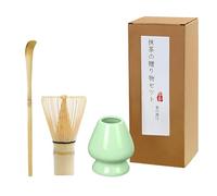 Handcrafted Matcha Whisk Set of 3 - Traditional Bamboo Whisk (100-prong Chasen), Bamboo Scoop & Celadon Holder, Perfect Set for Tea Enthusiasts to Prepare a Traditional Cup of Matcha