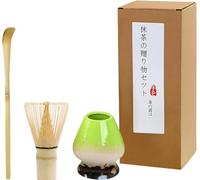 Handcrafted Matcha Whisk Set of 3 - Traditional Bamboo Whisk (100-prong Chasen), Bamboo Scoop & Celadon Holder, Perfect Set for Tea Enthusiasts to Prepare a Traditional Cup of Matcha