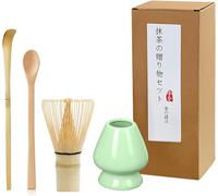 Handcrafted Matcha Whisk Set of 4 - Traditional Bamboo Whisk (100-prong Chasen), Bamboo Scoop, Tea Spoon & Celadon Holder, Perfect Set for Tea Enthusiasts to Prepare a Traditional Cup of Matcha