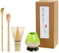 Handcrafted Matcha Whisk Set of 4 - Traditional Bamboo Whisk (100-prong Chasen), Bamboo Scoop, Tea Spoon & Celadon Holder, Perfect Set for Tea Enthusiasts to Prepare a Traditional Cup of Matcha