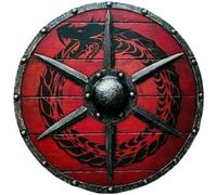 Handcrafted Medieval Round Viking Shield Dragon Design Red & Black Norse Knight Battleworn Shield Wood & Steel 24 inches Shield for Roleplay & Cosplay