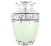 Handcrafted Metal Alloy Cremation Urn for Human Ashes - Large, Engraved, Decorative Funeral Memorial Urn with Secure Screw-On Lid Hold Remains up to 200 lbs 10.5" (Green Silver) - ALPHA Living HOME