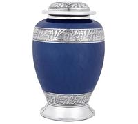 Handcrafted Metal Cremation Urn for Ashes - Elegant Adult Funeral Memorial Urn with Secure Screw-Top Lid, Holds Up to 200 lbs - Urns for Human Ashes Adult Man/Woman 6.5x10.5 (Blue & Silver)
