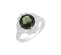 Handcrafted Moldavite and Cubic Zirconia Round Ring Prong Set Green Faceted Gemstones 925 Sterling Silver Statement Jewelry Gift for Women J1/2, 49(15.6)