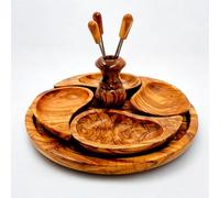 Handcrafted Olive Wood Appetizer Tray with 4 Compartments and Fork Set | Elegant Serving Platter for Snacks, Cheese, and Dips | Eco-Friendly and Durable - Natural Finish | 12" Round