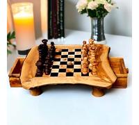 Handcrafted Olive Wood Chess Set with 32 Hand-Carved Pieces | Rustic Chess Board with Storage Drawers | Multiple Sizes | Red/Black | Premium Tabletop Chess Game (25x25cm - Playing area 16x16cm, Black)