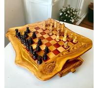 Handcrafted Olive Wood Chess Set with 32 Hand-Carved Pieces | Rustic Chess Board with Storage Drawers | Multiple Sizes | Red/Black | Premium Tabletop Chess Game (37x37cm - Playing area 24x24cm, Red)