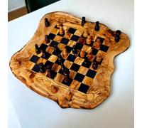 Handcrafted Olive Wood Chess Set with Unique Organic Shape, Elegant Decorative Chessboard with Intricate Carved Pieces for Chess Enthusiasts (25x25cm - Playing area 16x16cm, Black)