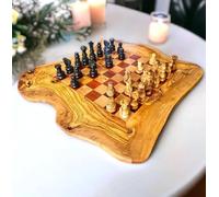Handcrafted Olive Wood Chess Set with Unique Organic Shape, Elegant Decorative Chessboard with Intricate Carved Pieces for Chess Enthusiasts (25x25cm - Playing area 16x16cm, Red)