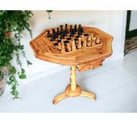 Handcrafted Olive Wood Chess Table with Storage Drawers - Rustic Game Furniture with Carved Stand - Unique Board in 4 Sizes and 2 Color Options - Decorative Gift for Home (Red, 50 cm * 50 cm)