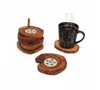 Handcrafted Olive Wood Coaster Set of 6 with Ceramic Inlay and Holder - Elegant, Durable Drink Coasters for Home or Office - Unique Rustic Design, Natural Wood with Decorative Ceramic Cen (White)