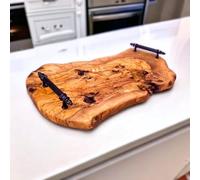 Handcrafted Olive Wood Cutting Board with Rustic Metal Handles - Unique Serving Tray and Cheese Board for Kitchen, Charcuterie and Home Décor - Natural Durable Elegant Wooden Platter - Large (50 cm)