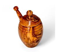 Handcrafted Olive Wood Honey Jar with Lid and Dipper - Natural Rustic Pot for Serving and Storing Honey - Durable Wooden Container with Spoon - Ideal for Kitchen or Gift - Unique Grain Finish