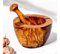 Handcrafted Olive Wood Mortar and Pestle Set | Premium Natural Wood Grinder Bowl Perfect for Herbs Garlic Guacamole Seeds Spices | Rustic Kitchen Tool (Natural Wood Grain, 10 cm)