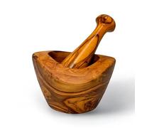 Handcrafted Olive Wood Mortar and Pestle Set - Rustic and Durable Kitchen Tool for Grinding Spices, Herbs, and Garlic - Eco-Friendly and Food Safe - Unique Natural Grain (Natural Wood, 16 cm)