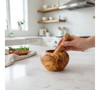 Handcrafted Olive Wood Mortar and Pestle Set | Rustic Kitchen Grinder for Herbs, Spices, and Pesto | Naturally Finished Wooden Mortar with Unique Grain Patterns (Natural wood, 10 cm)