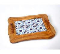 Handcrafted Olive Wood Serving Tray with Ceramic Tile Inlay and Handles - Large Rustic Wooden Serving Platter - Perfect for Entertaining, Gifts, and Home Decor - Eco-Friendly Natural Design (Color 1)