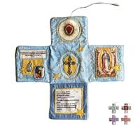 Handcrafted Pocket Altar Scripture Devotional Guide for Travel Home Church Prayer Shrine with Embroidered Prayer Quilt Daily Devotional Books Catholic Travel Kit with Cross and Saint Images (Blue)