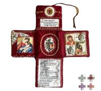 Handcrafted Pocket Altar Scripture Devotional Guide for Travel Home Church Prayer Shrine with Embroidered Prayer Quilt Daily Devotional Books Catholic Travel Kit with Cross and Saint Images (Red)