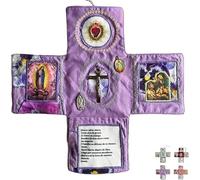 Handcrafted Pocket Devotional - Faith Edition,10" Catholic Travel Prayer Kit with Cross,Foldable Cross-Shaped Fabric Pouch,Saint Images & Spanish Prayers,Christian Gift (Purple)