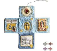 Handcrafted Pocket Devotional - Faith Edition,10" Catholic Travel Prayer Kit with Cross,Foldable Cross-Shaped Fabric Pouch,Saint Images & Spanish Prayers,Christian Gift (Blue)