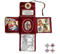 Handcrafted Pocket Devotional - Faith Edition,10" Catholic Travel Prayer Kit with Cross,Foldable Cross-Shaped Fabric Pouch,Saint Images & Spanish Prayers,Christian Gift (Red)
