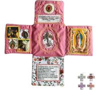 Handcrafted Pocket Devotional - Faith Edition,10" Catholic Travel Prayer Kit with Cross,Foldable Cross-Shaped Fabric Pouch,Saint Images & Spanish Prayers,Christian Gift (Pink)