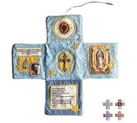 Handcrafted Pocket Devotional - Faith Edition,10" Catholic Travel Prayer Kit with Cross,Foldable Cross-Shaped Fabric Pouch,Saint Images & Spanish Prayers,Christian Gift (Blue)