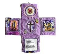 Handcrafted Pocket Devotional - Faith Edition, Prayer Quilt with Silver Cross Inside, Embroidered Catholic Pocket Shrine, Foldable Scripture Fabric Pouch for Remembrance Christian Gift (Purple)