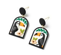 Handcrafted Polymer Clay Tropical Toucan Dangle Earrings, Black and White Arch Design with Floral Accents