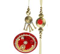 Handcrafted Pooja Thali Plate Platter Engagement Decorative Stainless Steel Puja Thali with Essential Articles for Indian Traditional Festival Items New year Decoration Decor(Size-10")(Red)