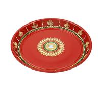 Handcrafted Pooja Thali Platter Engagement Plate Decorative Stainless Steel Puja Thali with Essential Pooja Articles for Indian Traditional Festival Aarti Puja Item Navratri Decoration(Size-10")(Red)